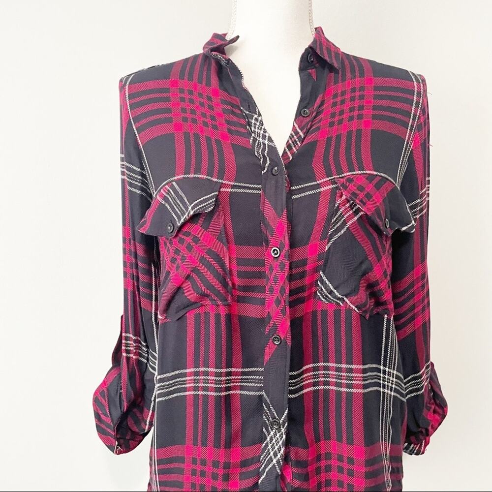 Zara black red plaid button down top size small flannel grunge - Picture 2 of 9